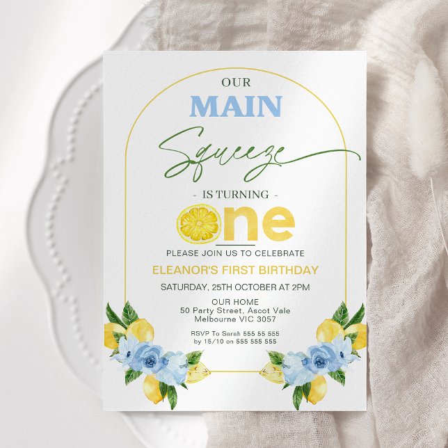 Positano Blue Lemon Vår viktigaste säck första föd Inbjudningar (Main Squeeze 1st Birthday Invitation Blue Floral, Modern Arch Lemon 1st Birthday Invitation Girl,)