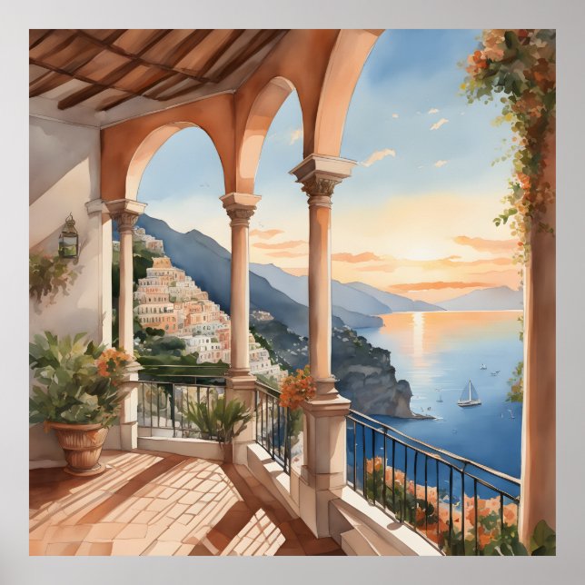 Positano Dream: Watercolor Sunset Vista Poster (Framsidan)