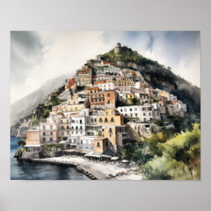 Positano Italien Akvarell Konsttryck Poster