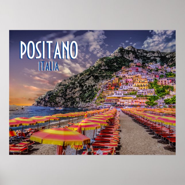 Positano Italien Amalfi Kusten Sunset Travel Poster (Framsidan)