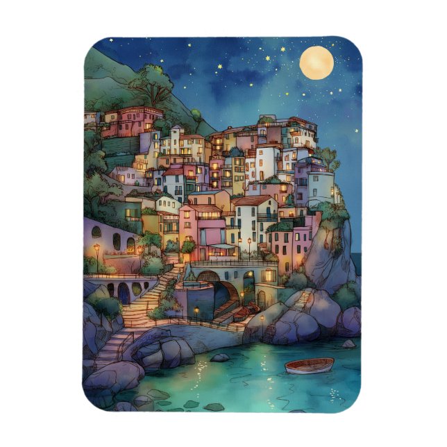 Positano, Italien - Kustbyn och Starry Himmel Magnet (Vertikal)