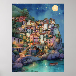 Positano, Italien - Kustbyn och Starry Himmel Poster