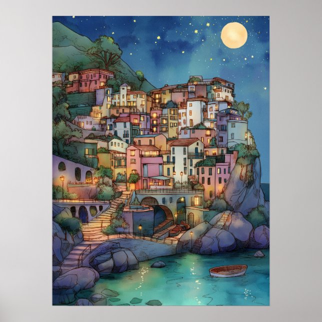 Positano, Italien - Kustbyn och Starry Himmel Poster (Framsidan)