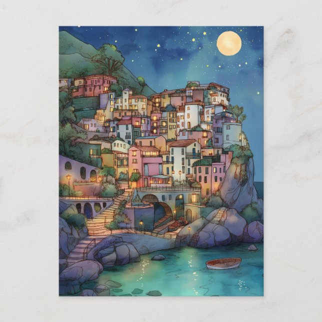 Positano, Italien - Kustbyn och Starry Himmel Vykort (Framsida)
