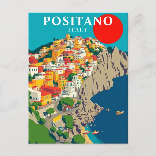 Positano, Italien Vintage Soluppgång Vykort (Framsida)