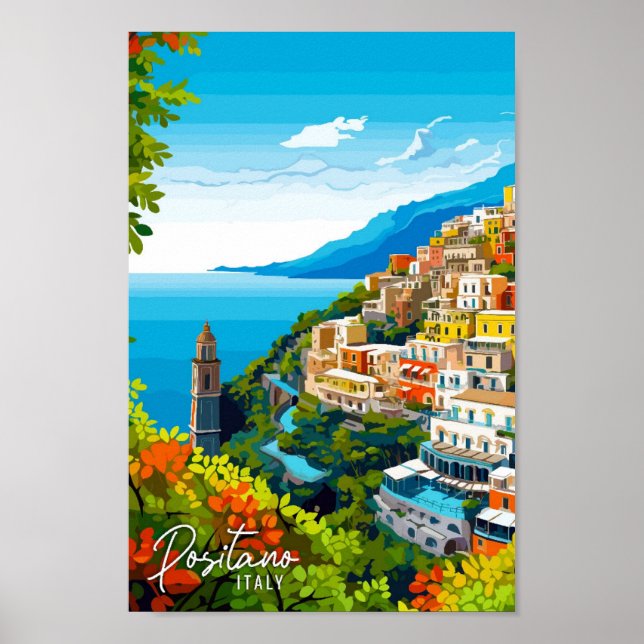 Positano Italy Art vintage travel illustration Poster (Framsidan)