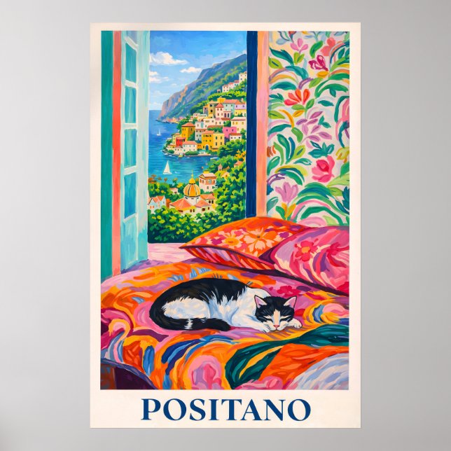 Positano kattplanscher, Amalfi-kusten fönsterutsik Poster (Framsidan)
