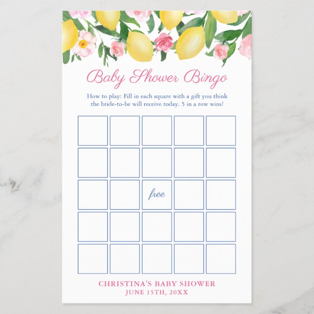 Positano Lemons Rosa Baby Shower Bingo Game Card Flygblad (Framsidan)