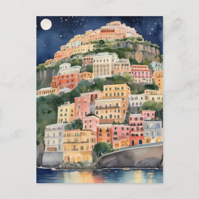 Positano natt, Italien, Italiensk kust akvarell Vykort (Framsida)