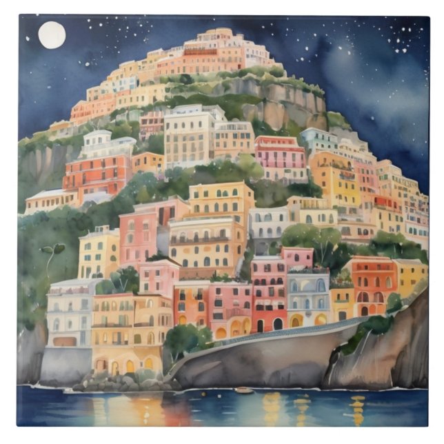 Positano Night, Italien, Italienska Kusten Waterco Kakelplatta (Framsidan)