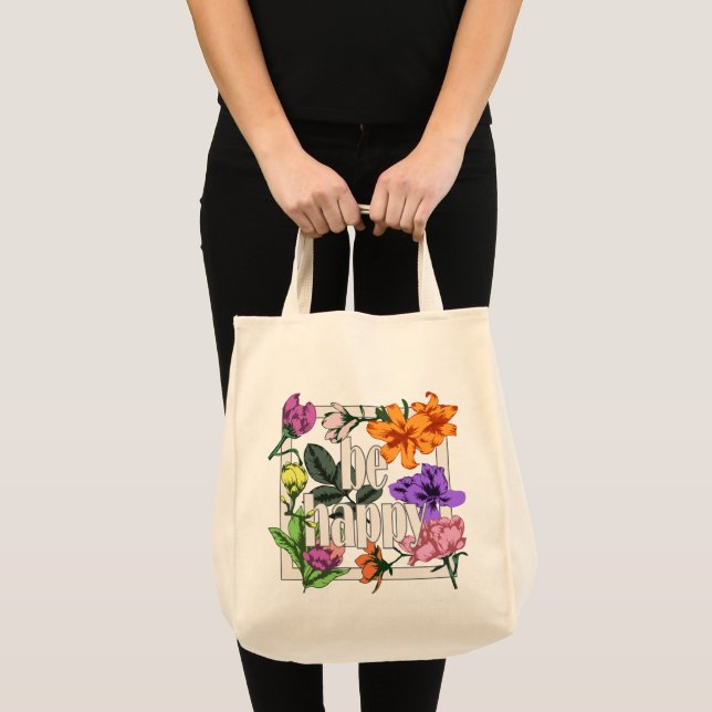 Positiv citat BE Lycklig och trädgårdsblommor Tygkasse (Framsida (produkt))