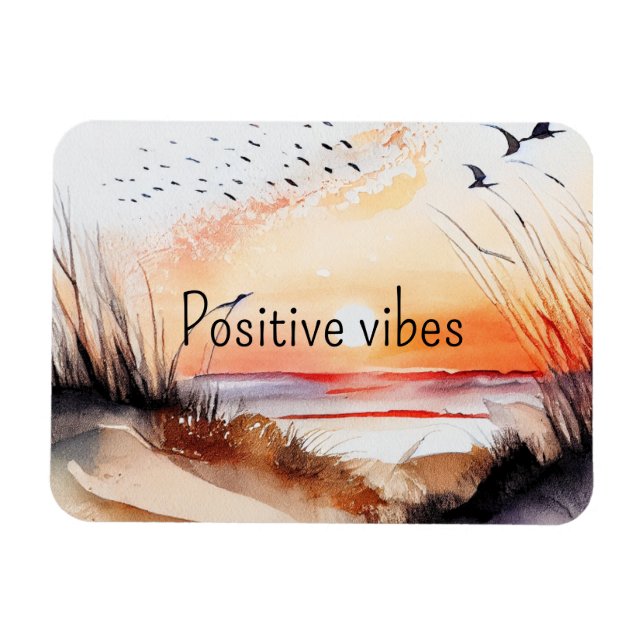 Positiva vibbar strand solnedgång med fåglar magnet (Horisontell)