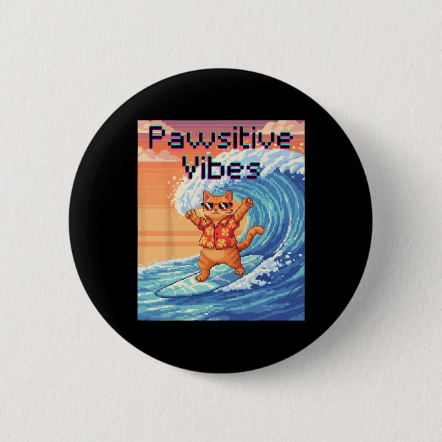 Positiva Vibrationer Katt Surfing - Pixel Art Våg  Knapp (Framsida)