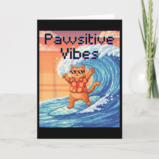 Positiva Vibrationer Katt Surfing - Pixel Art Våg  Kort (Framsida)