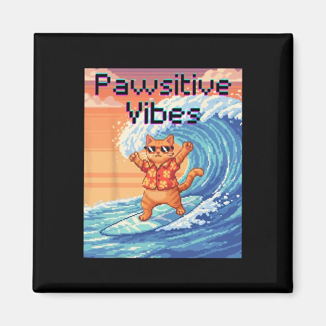 Positiva Vibrationer Katt Surfing - Pixel Art Våg  Magnet (Framsidan)