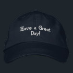 Positive Message Navy Cap: "Ha en Underbar dag!" H Broderad Keps<br><div class="desc">Den här marina bomullstaket har det positiva och upplyftande budskapet "Ha en underbar dag!" som är broderat i ett slimmat brev. Designat med ett justerbart band ger det en bekväm passning för alla storlekar. Den här skyddshylsan är gjord av hållbar bomull och kombinerar stil och motivation, skapar den perfekten tillbehör...</div>
