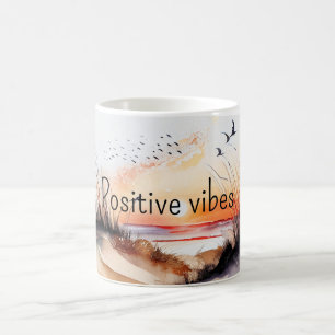 Positive Vibes Beach Sunset with Birds Kaffemugg