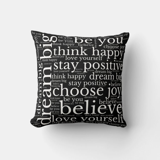 Positive Vibes WordArt Mönster White Text Black Kudde (Framsida)