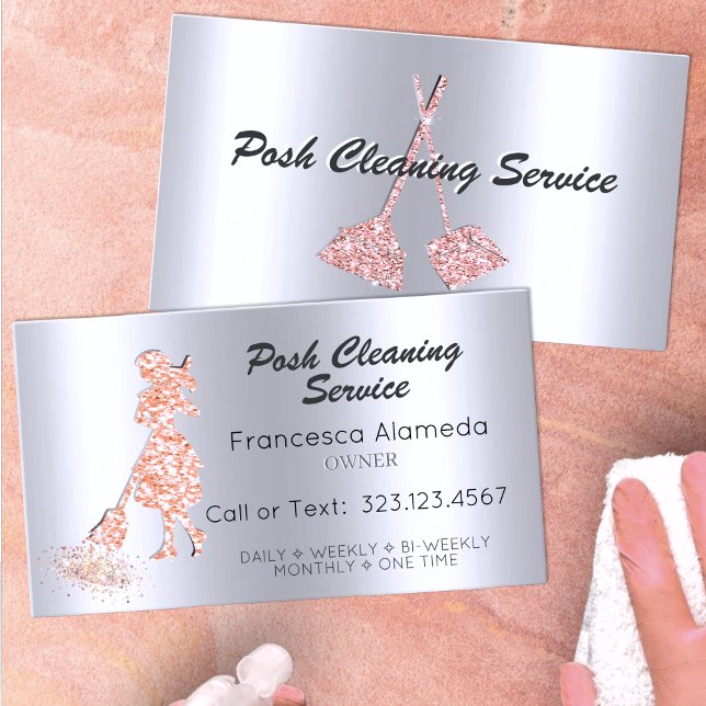 PosStädning Service Metallic Silver Rosa Glitter Visitkort (Skapare uppladdad)