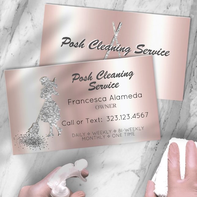 PosStädning Service Rosa Metallic Silver Glitter Visitkort (Skapare uppladdad)