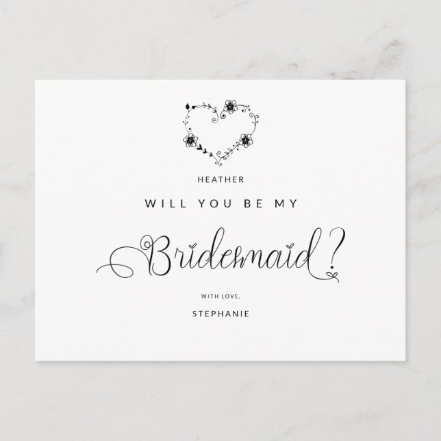 Post Will You Be My Bridesmaid Roligt Svart Hjärta Vykort (Framsida)