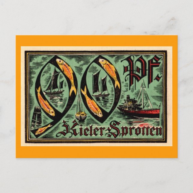 Post WWI German "Kieler Sprotten" Currency Vykort (Framsida)