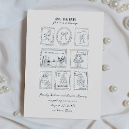 Postage Stamp Hand Drawn Save The Date Card Spara Datumet