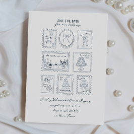 Postage Stamp Hand Drawn Save The Date Card Spara Datumet