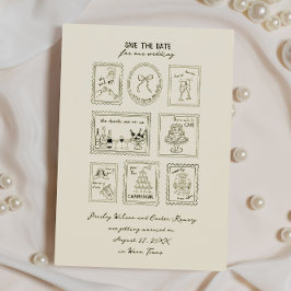 Postage Stamp Hand Drawn Save The Date Card Spara Datumet