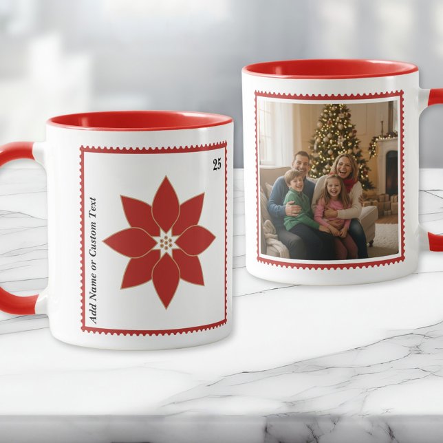 Postage Stamp Red Poinsettia Holiday Photo Mug Mugg (A festive red poinsettia custom postage stamp mug personalized with your text and photo)