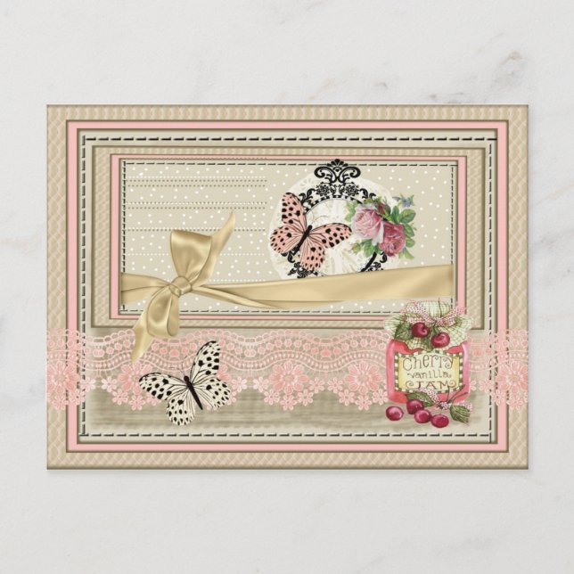 Postal estilo scrapbooking encaje mariposa cerezas vykort (Framsida)