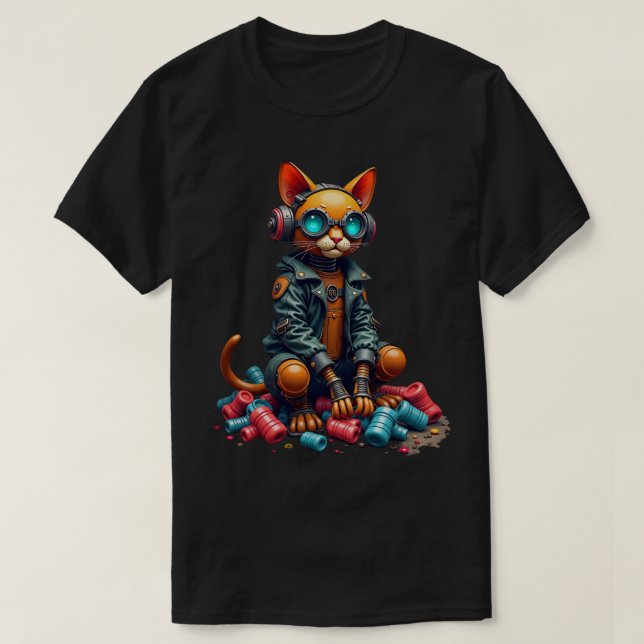 Postapokalyptisk Kitsch Robotkatt Överlevnad Retro T Shirt (Design framsida)