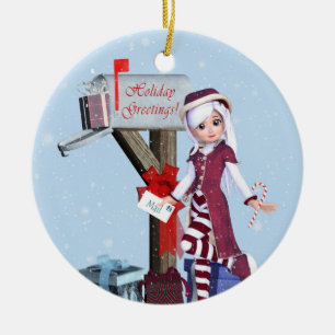 Postbärare Elf-postlåda och presenterar ordnamn Julgransprydnad Keramik
