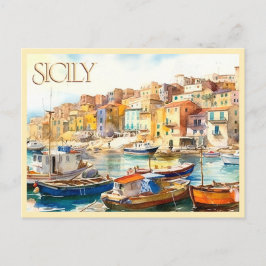 POSTCARD Colorful Watercolor Sicily Harbor Travel Vykort