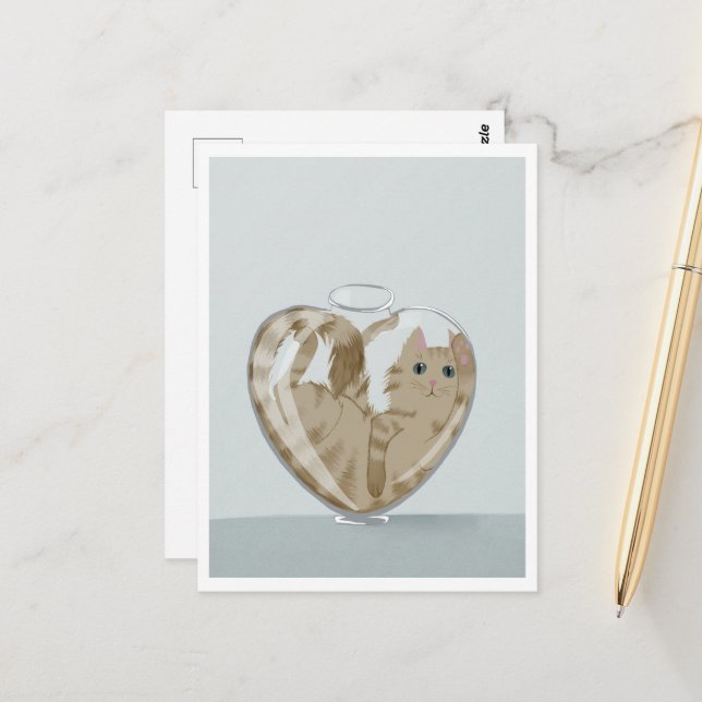 Postcard - Cute Cat in Glass Vykort (Fram/Back In Situ)