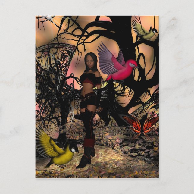 Postcard Elf Girl Birds Vykort (Framsida)