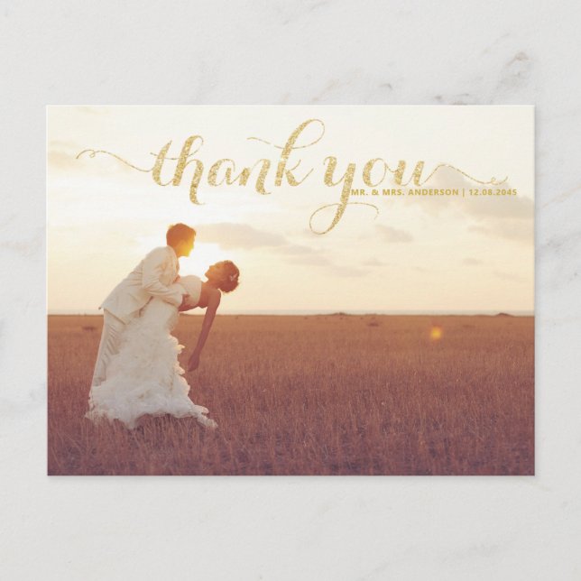 POSTCARD guld GLITTER TYPOGRAPHY BRÖLLOP TACK Vykort (Framsida)