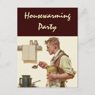 Postcard Retro Man tillverkar kaffe Houseuppvärmni Inbjudan Vykort