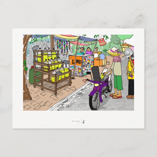 Postcard Street scen i Asien med motorcykel Vykort (Framsida)