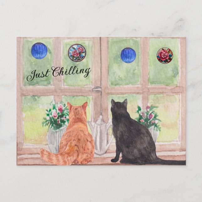  POSTCARD Two Cats at the Window Serene Flowers Vykort (Framsida)