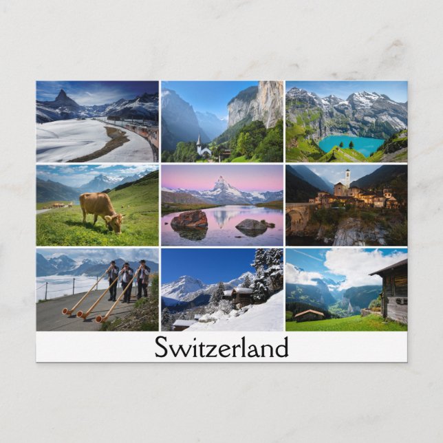Postcard with landscapes and the text: Switzerland Vykort (Framsida)