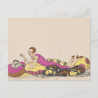 Postcard - woman and cat - French artist vintage Vykort