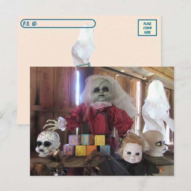 Postcross - Creepy Halloween Doll Vykort (Fram/baksida)