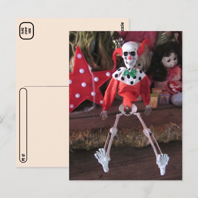 Postcross Skeleton Clown Doll Halloween Vykort (Fram/baksida)