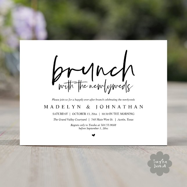 Posten Bröllop Brunch med Newlyweds Firande Inbjudningar (Brunch with the Newlyweds Post Modern Morning Wedding Celebration Invitation Card PDF Black White)