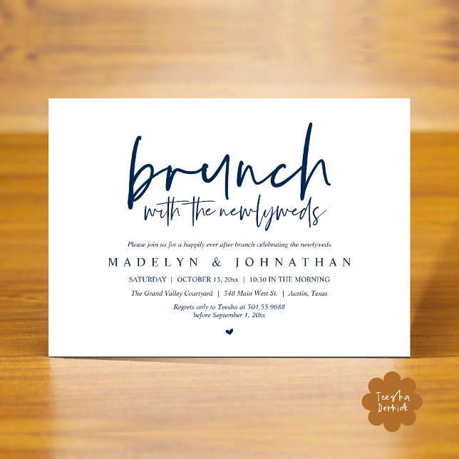 Posten Bröllop Brunch med Newlyweds Firande Inbjudningar (Brunch with the Newlyweds Post Modern Morning Wedding Celebration Invitation Card PDF Navy Blue)