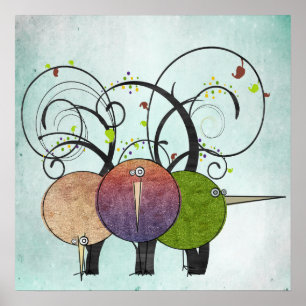 Poster abstrakt Birds and Träd Art Print