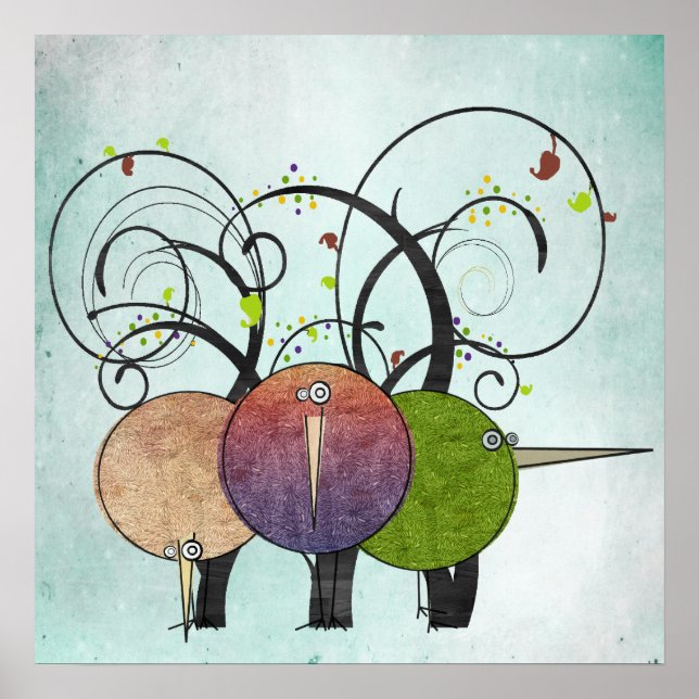 Poster abstrakt Birds and Träd Art Print (Framsidan)