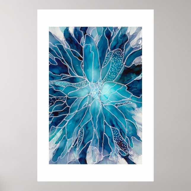 Poster - Alcohol Ink Art Blue White Flower (Framsidan)