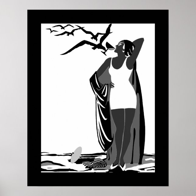 Poster ART DECO DAM Black White-fåglar (Framsidan)
